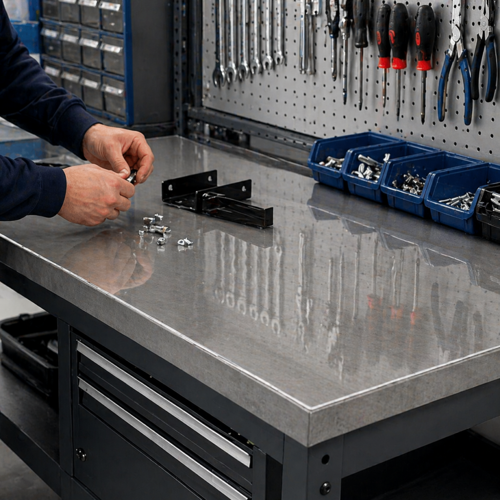 PVC sheeting as protective cover over workbench